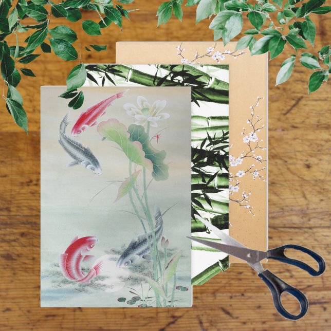 Feuille De Papier Cadeau Poisson Koi, Bambou, Fleur de prune (Créateur téléchargé)