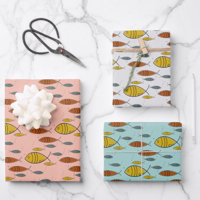 Feuille De Papier Cadeau Poisson moderne moyen siècle temps atomique rose b (Recto)