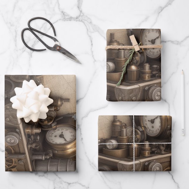 Feuille De Papier Cadeau Poitrine au trésor avec engrenages (Recto)