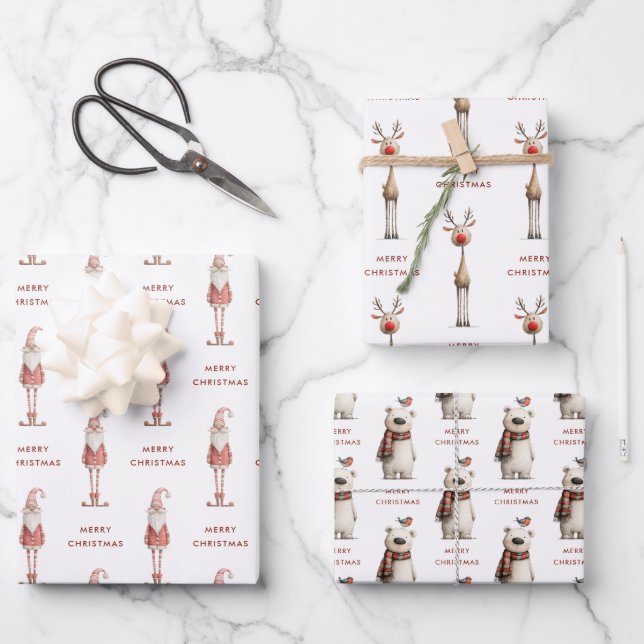 Feuille De Papier Cadeau Polar Bear Santa and Reindeer Christmas (Recto)