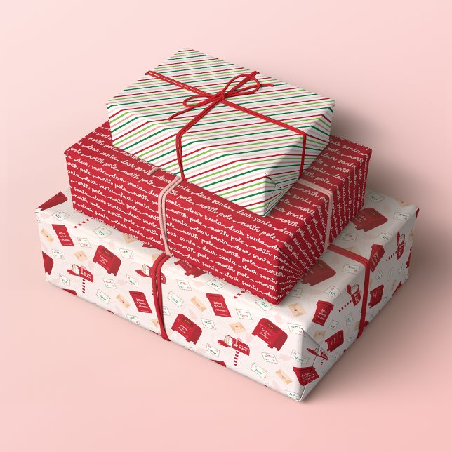 Feuille De Papier Cadeau Pôle Nord - Courrier de Noël, lettres et rayures (Set of 3 North Pole Mail Christmas Patterns in Red, Pastel Pink and Green)