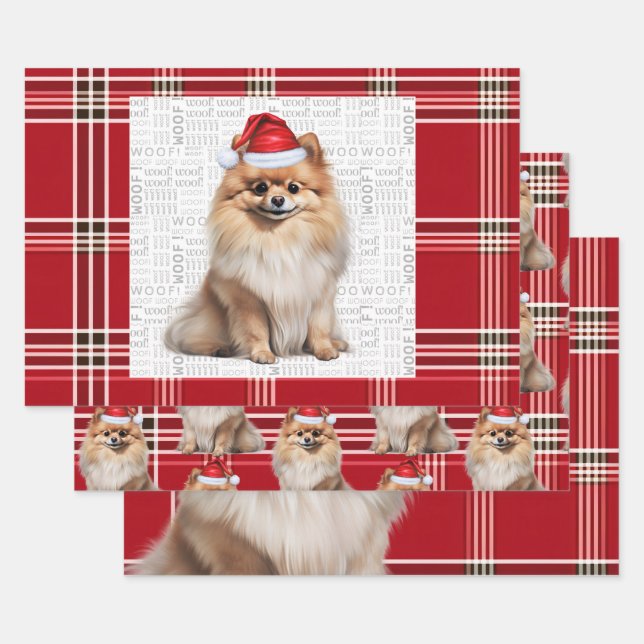 Feuille De Papier Cadeau Pomeranian Christmas Dog Red White Plaid (Lot)