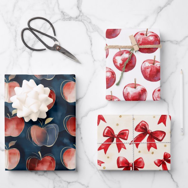 Feuille De Papier Cadeau Pommes Bleu Rouge  (Recto)