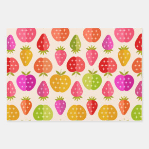 Feuille De Papier Cadeau Pommes et fraises colorées du milieu du siècle 