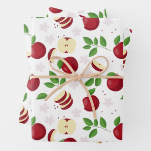 Feuille De Papier Cadeau Pommes rouges, fleurs et Motif de verdure