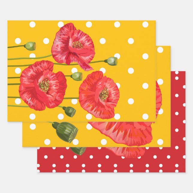 Feuille De Papier Cadeau Poppies rouges et Pois (Lot)