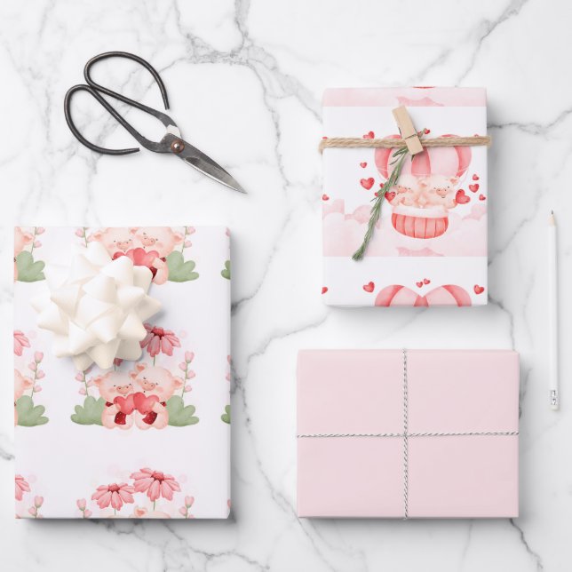 Feuille De Papier Cadeau Porcelets de bébé Saint-Valentin (Recto)