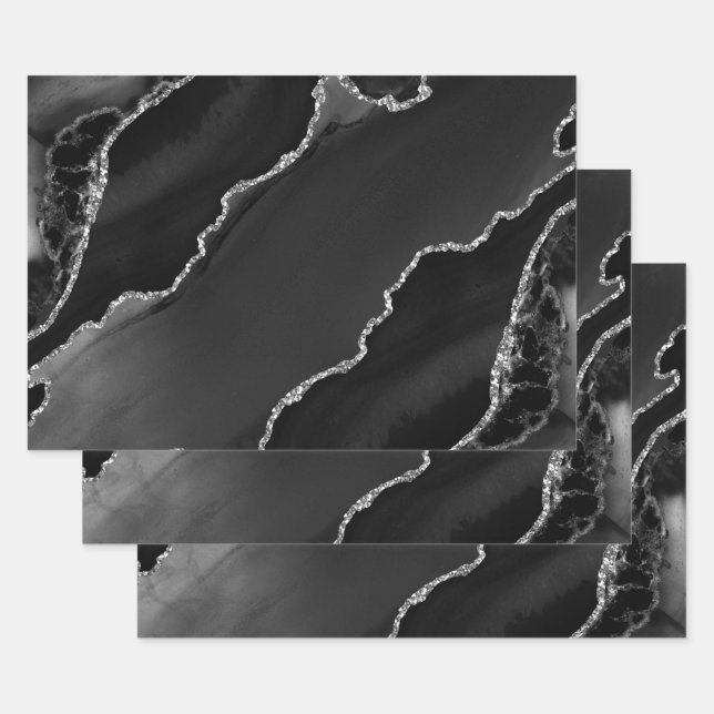 Feuille De Papier Cadeau Porte de Parties scintillant de Faux noir et argen (Lot)