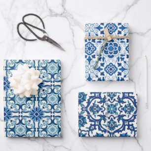 Feuille De Papier Cadeau Portugais Azulejos Blue Floral Motif
