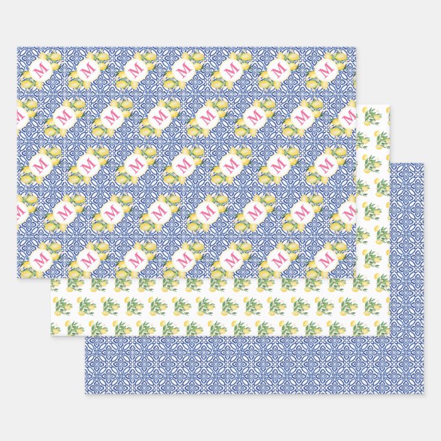 Feuille De Papier Cadeau Positano Lemons Monogram Blue White Tile Motif (Lot)