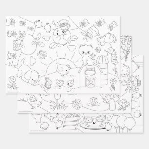 Feuille De Papier Cadeau Posters de coloriage du groupe d'amis de ferme ou