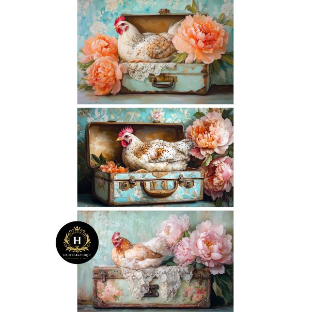 Feuille De Papier Cadeau Poulet Chic Farmhouse & Découpage de pivoine (Créateur téléchargé)