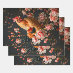 Feuille De Papier Cadeau Poulet entouré de fleurs roses Découpage