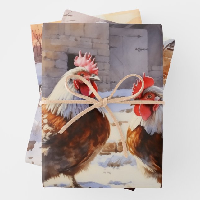 Feuille De Papier Cadeau Poulets dans la ferme à l'ancienne (En situation)