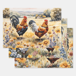 Feuille De Papier Cadeau Poulets et Fleurs sauvages