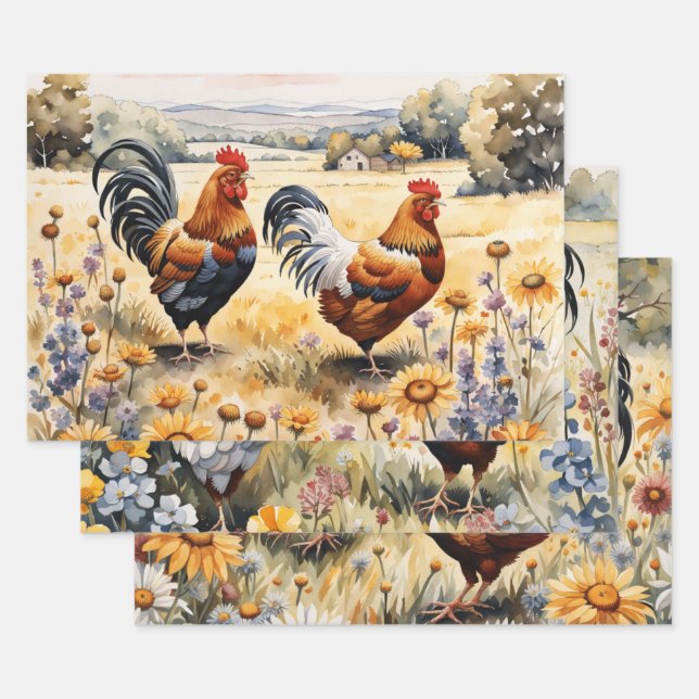 Feuille De Papier Cadeau Poulets et Fleurs sauvages (Lot)