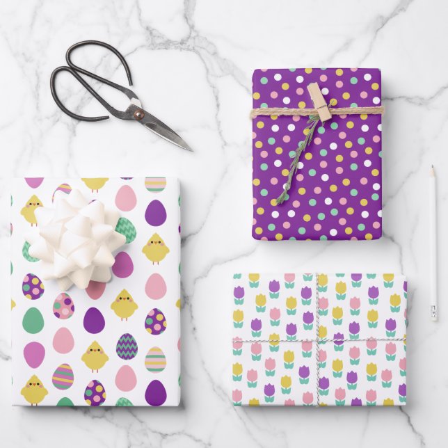 Feuille De Papier Cadeau Poulets pourpres Tulipes Motifs de Pâques (Recto)