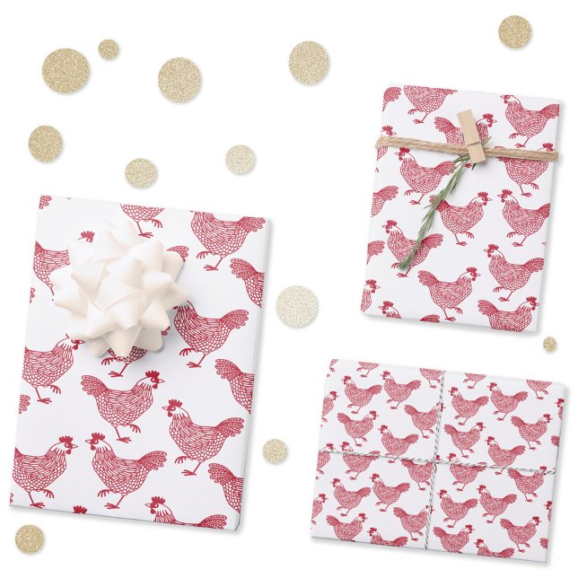 Feuille De Papier Cadeau Poulets rouges Hen (Chicken hen poultry red and white gift wrap paper sheets)