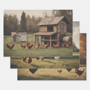 Feuille De Papier Cadeau Poulets rustiques