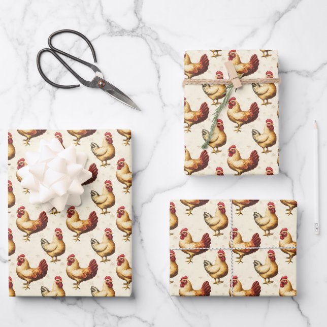 Feuille De Papier Cadeau Poulets sur l'ivoire (Recto)