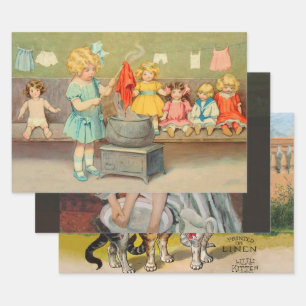 Feuille De Papier Cadeau Poupée Fille de Linge Vintage Jouant aux Poupées M