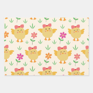Feuille De Papier Cadeau Poussins de Pâques avec des vaches et des fleurs
