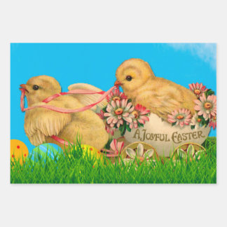 Feuille De Papier Cadeau Poussins de Pâques vintages avec Ciel Bleu et Oeuf