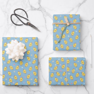 Feuille De Papier Cadeau Poussins Ferme Animal Mignon Motif Kawaii Bleu