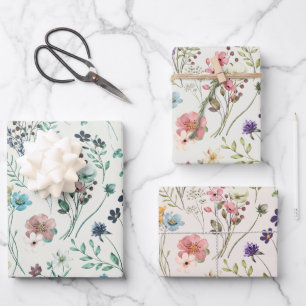 Feuille De Papier Cadeau Prairie de fleurs sauvages aux pastels arc-en-ciel