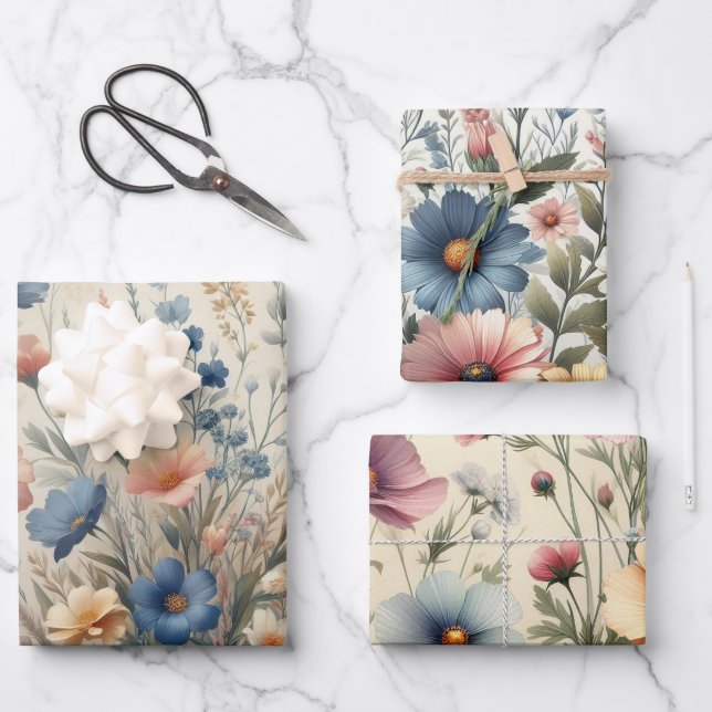 Feuille De Papier Cadeau Prairie de fleurs sauvages Fond beige (Recto)