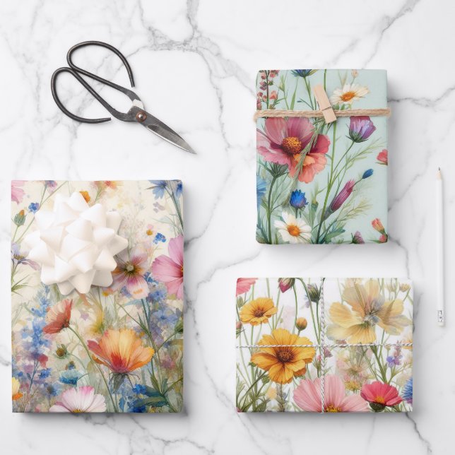 Feuille De Papier Cadeau Prairie de fleurs sauvages rose, rouge, jaune, vio (Recto)