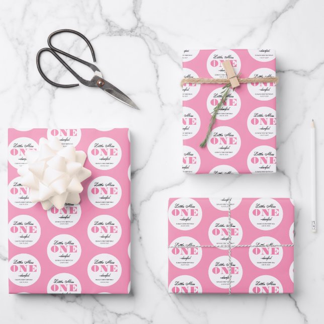 Feuille De Papier Cadeau Premier Anniversaire Rose (Recto)