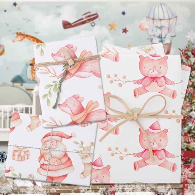 Feuille De Papier Cadeau Premier bébé de Noël Teddy Bear Red Fox & Père Noë (Baby's First Christmas Teddy Bear Red Fox Santa Red & White Holiday Gift Wrapping Paper Sheets Trio)
