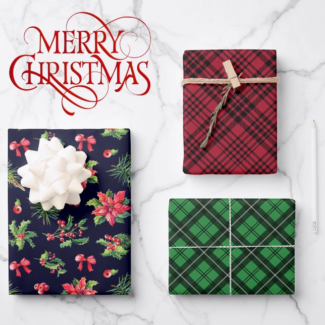 Feuille De Papier Cadeau Prêt Pour Un Bow Christmas Poinsettia Red Plaid (Créateur téléchargé)