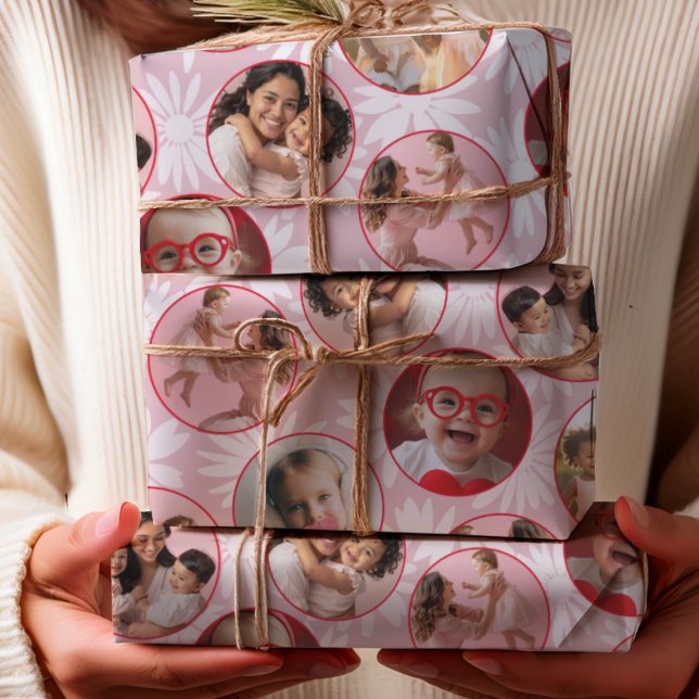 Feuille De Papier Cadeau Pretty Pink & Red Photo & Daisy Pattern (Créateur téléchargé)