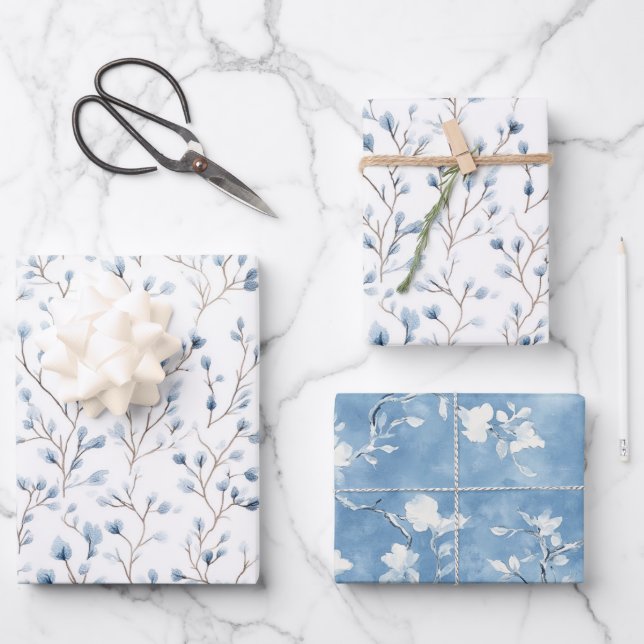 Feuille De Papier Cadeau Pretty White Blue Floral Bridal Shower (Recto)