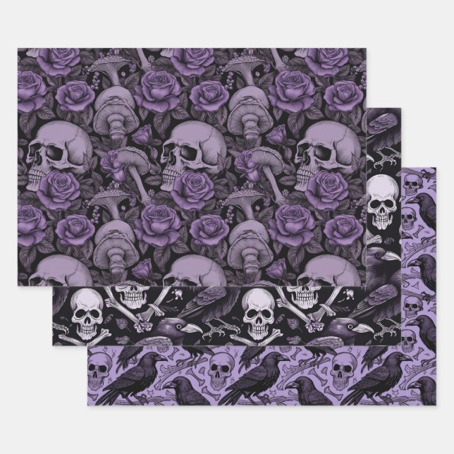 Feuille De Papier Cadeau Princes Goth Violet, Champignons Crâne Corbeau (Lot)
