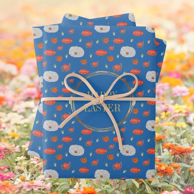 Feuille De Papier Cadeau Printemps Bleu motif floral Christian Joyeux Pâque (Spring Blue Floral Pattern Religious Christian Catholic Happy Easter Wrapping Paper Sheets)