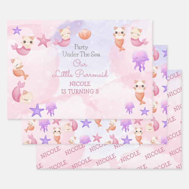 Feuille De Papier Cadeau Purmaid chat sirène mignonne fille anniversaire (Lot)