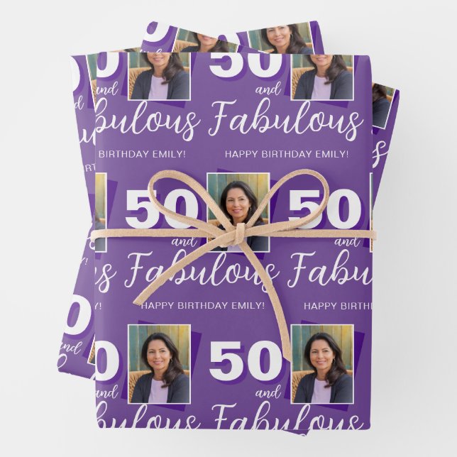 Feuille De Papier Cadeau Purple 50 et fabuleux 50e anniversaire Photo (En situation)