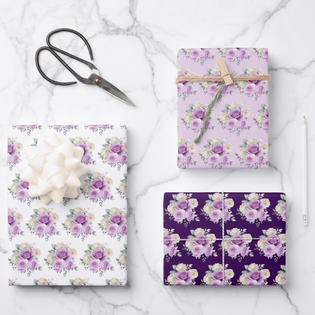 Feuille De Papier Cadeau Purple and Silver Elegant Flowers (Recto)