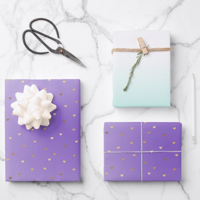 Feuille De Papier Cadeau Purple Aqua Ombre Gold Hearts Aimer (Recto)