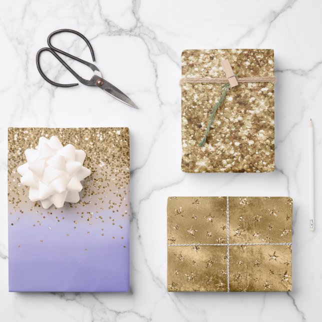 Feuille De Papier Cadeau Purple Aquarelle Gold Glam Parties scintillant (Recto)