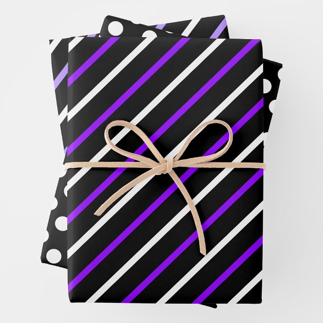 Feuille De Papier Cadeau Purple, Black & White Stripes & Polka Dots Fun (Purple, Black & White Stripes & Polka Dots Fun Wrapping Paper Sheets)