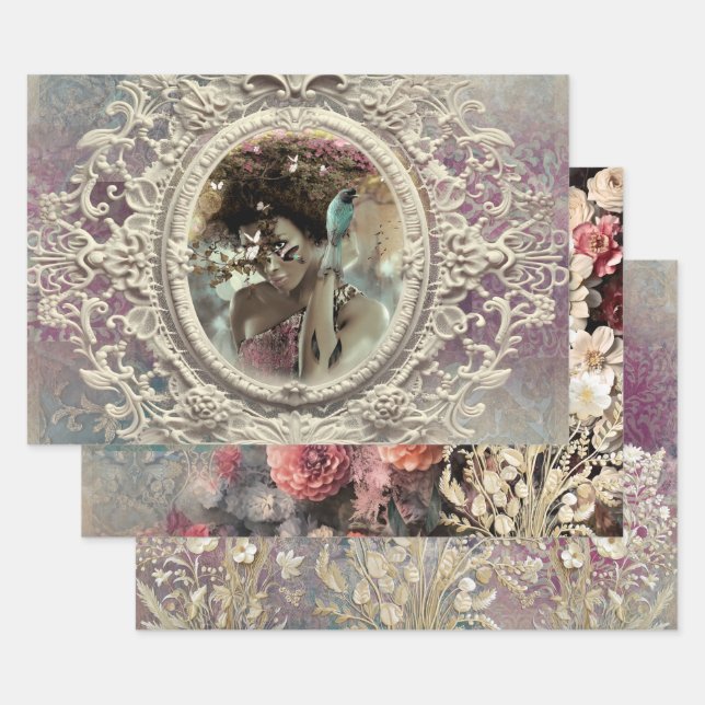 Feuille De Papier Cadeau Purple & Blue Afro femme Portrait Floral Bouquet (Lot)