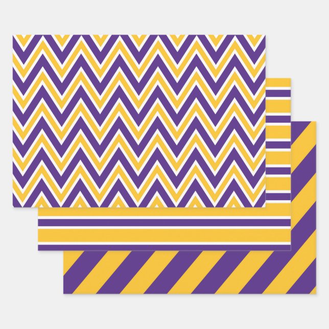 Feuille De Papier Cadeau Purple, Gold, and White Chevron & Stripe Pattern (Lot)