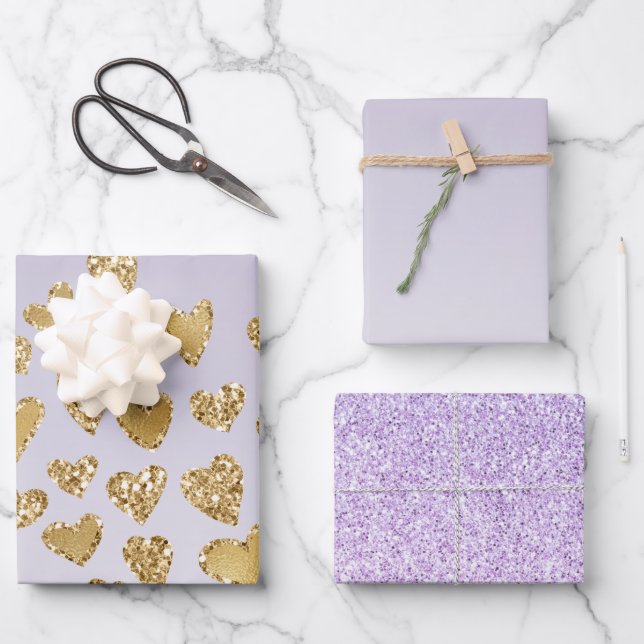 Feuille De Papier Cadeau Purple Ombre Sparkle Gold Coeurs de Parties scinti (Recto)