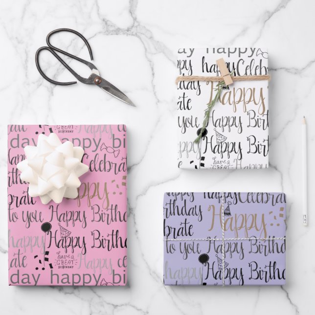 Feuille De Papier Cadeau Purple Pink White Fun Happy Balloons Birthday (Recto)