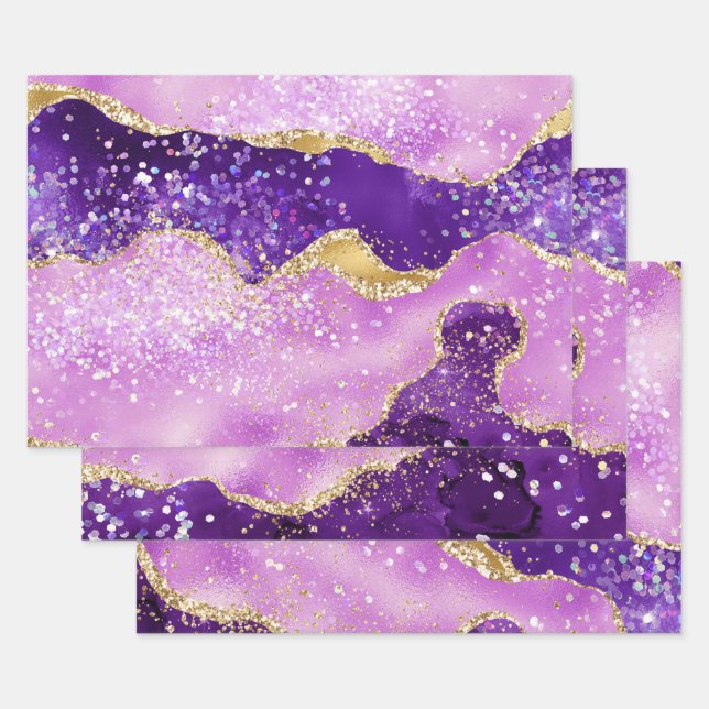 Feuille De Papier Cadeau Purple & Rose et Faux Gold Parties scintillant (Lot)