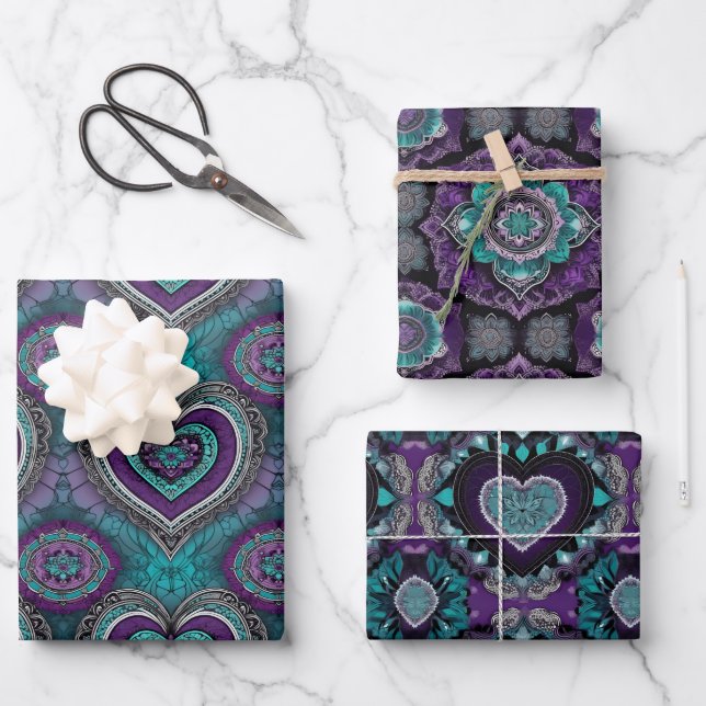 Feuille De Papier Cadeau Purple, Turquoise & Noir Saint Valentin Coeur Mand (Recto)